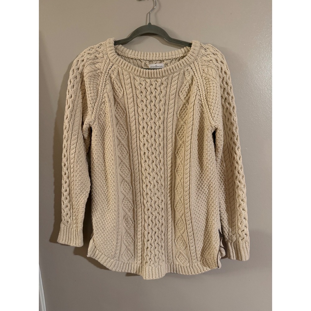LL Bean Signature Cream Cable Knit Cotton Sweater Side Zip Beige Large 297470